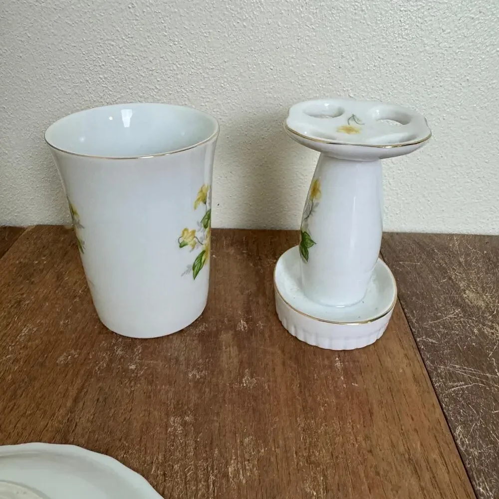Vintage‎ Japan Porcelain 3pc Bathroom Set Yellow Floral Gold Trim Shell Dish Cup
